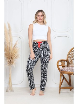 Kazax Viskon Likralı Alt Pijama Süzgülü Siyah Baskı Desenli Q6018