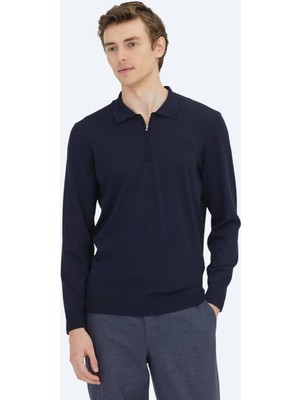 Kip Lacivert Polo Yaka Düz Örgü Triko Kazak