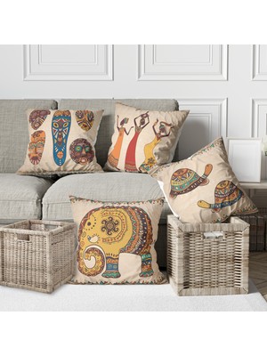 Alkan Homes 4 Lü Kombin Afrika Temalı Krem Zemin Hediyelik Dijital Baskılı Kırlent Kılıflar