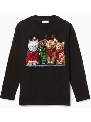 Efendioğlu Design Uzun Kollu 4 Kedi Yeni Yıl Yılbaşı Christmas Baskılı Pamuklu Çocuk Tişört