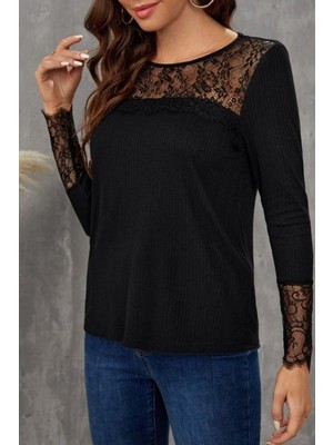 Mossta Uzun Kollu Dantel Detaylı Burgu Bluz - Siyah