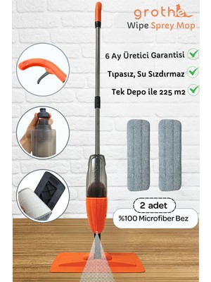Grothe Wipe Sprey Mop Turuncu - 2 Mop Bezli 700 ml Su Hazneli 127 cm Uzunlukta Tıpasız Sistem ile Pratik Temizlik