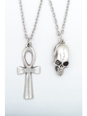 Alooya 2'li Ankh Anahtarı - Nil'in Anahtarı - Kuru Kafa Gümüş Kaplama Kolye Seti