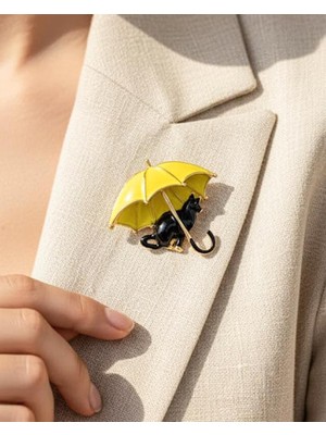 Nevoka Sarı Şemsiyeli Siyah Kedi Broş