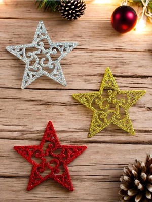 Empressco Yılbaşı Ağacı Süsü, Yıldız Figürlü, Simli, Renkli, 9 Cm, 3'lü Takım