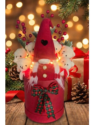 Sole Yeniyıl Özel Seri: LED Işıklı, Noel Elf Cüce Figürlü, Kalp Balon ve 6 Ayıcıklı Özel Konsept Tasarım Ayıcık Buketi