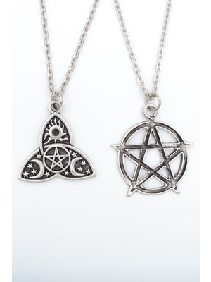 Alooya 2'li Pentagram - Triquetra Güneş Ay Yıldız Gümüş Kaplama Kolye Seti