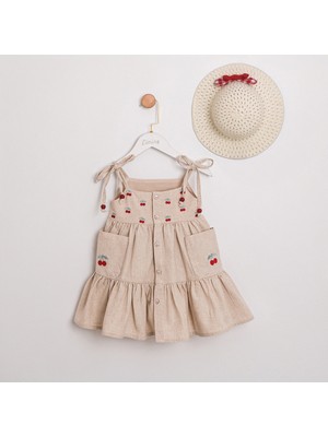 ministok Selly Kiraz Nakışlı Şapkalı Kız Çocuk Elbise