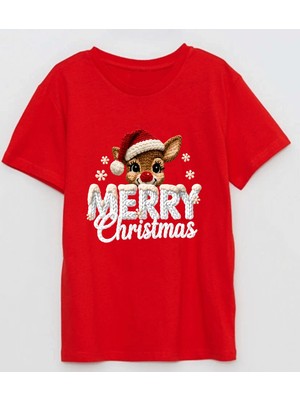 Efendioğlu Design Geyik Merry Christmas Baskılı Kısa Kollu Pamuklu Nakış Baskılı Yetişkin T-Shirt