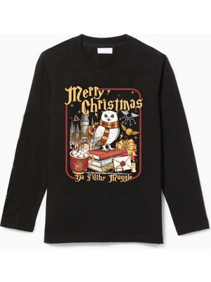 Efendioğlu Design Uzun Kollu Baykuş Ga Filthy Munggle Yeni Yıl Yılbaşı Marry Christmas Baskılı Pamuklu Çocuk Tişört