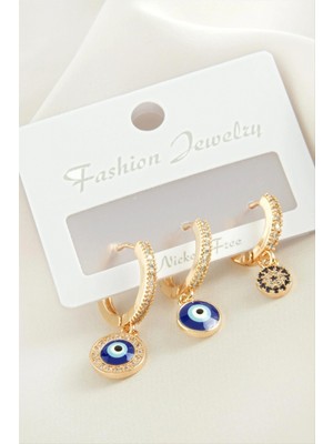 Marsilyan 3 Adet Nazar Zirkon Taşlı Küpe