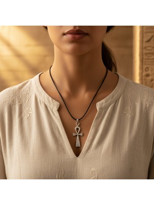 Alooya Ankh Anahtarı - Nil'in Anahtarı Gümüş Kaplama Deri İp Kolye