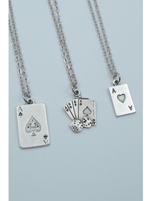 Alooya 3'lü Full As İskambil Deste Zar Gümüş Kaplama Kolye Seti