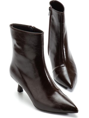 Dilimler Ayakkabı Kahverengi Kadın Ince Topuklu Bot Kırışık Rugan Sivri Burun