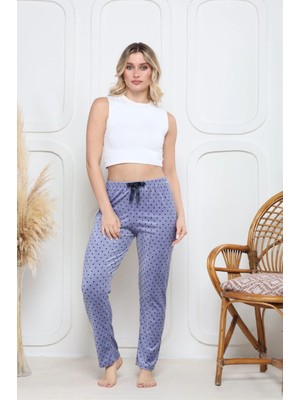 Kazax Kadife Pijama Altı Mavi Üstüne Siyah Pontiye Desenli Q7013