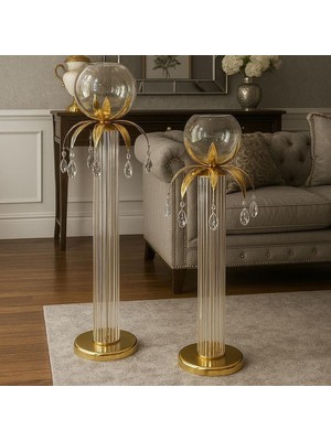 Dekoratif 2'li Boydan Camlı Yer Şamdanı - Gold