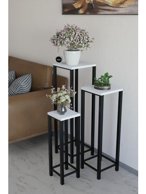 Alpa Ev Mobilya Modern 3'lü Metal Ayaklı Saksılık Dekoratif Çiçeklik Çok Amaçlı Yan Sehpa