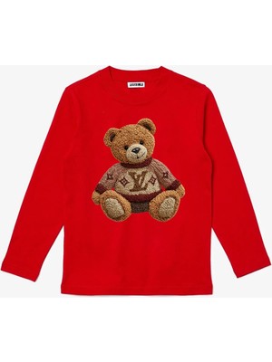 Efendioğlu Design Uzun Kollu Nakış Görünümlü Kazak Giymiş Ayı Baskılı Pamuklu Çocuk Tişört