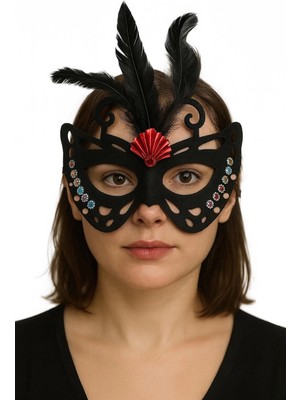 Zenvia Siyah Renk Siyah Süet Kaplama Tüylü Kelebek Figür Parti Maskesi 24X18 cm