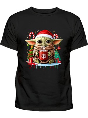 Efendioğlu Design Sevimli Noel Bebek Yoda Baskılı Yeni Yıl Yılbaşı Için Pamuklu Yetişkin T-Shirt