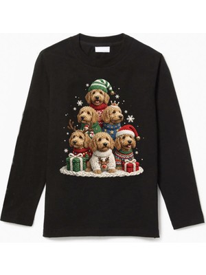 Efendioğlu Design Uzun Kollu Köpekler Yeni Yıl Yılbaşı Ağacı Baskılı Christmas Baskılı Pamuklu Çocuk Tişört