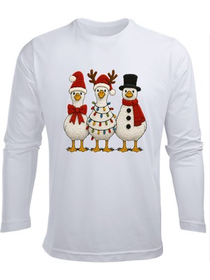 Efendioğlu Design Uzun Kollu 3 Ördek Yeni Yıl Yılbaşı Christmas Baskılı Pamuklu Çocuk Tişört