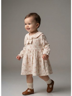 Minicix Kız Bebek Bebe Yaka Fiyonklu Çıtır Çiçek Desenli Müslin Elbise