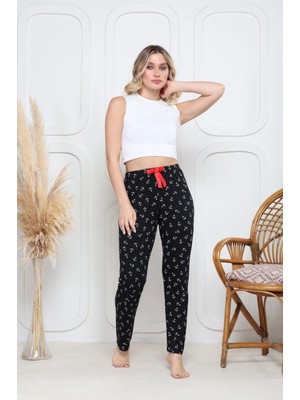 Kazax Viskon Likralı Alt Pijama Demir Siyah Baskı Desenli Q6018