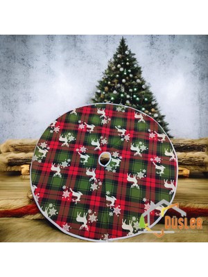 Düşler Ev Tekstili Kırmızı Yeşil Geyikli Yılbaşı Ayak Halısı, Yılbaşı Ağacı Altı Örtüsü, Yeniyıl Çam Ağacı Eteği Yıkanabilir Cırtlı