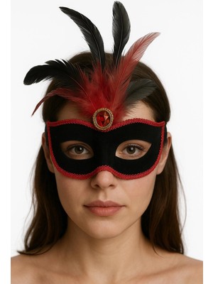 Tncline Kırmızı Dantelli Siyah Kırmızı Tüylü Siyah Süet Kaplama Parti Maskesi 17X25 cm