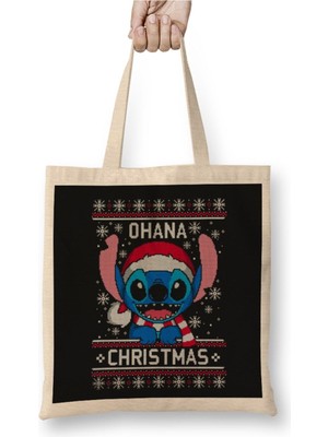 Toyaso Lilo And Stitch Ohana Christmas Ugly Sweater Beyaz Bez Çanta Uzun Saplı Alışveriş Çantası