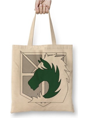 Toyaso Attack On Titan Military Police Logo Beyaz Bez Çanta Uzun Saplı Alışveriş Çantası Plaj Çantası