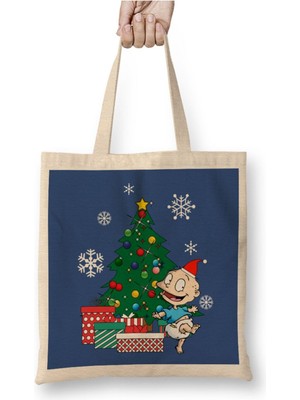 Toyaso Tommy Rugrats Around The Christmas Tree Beyaz Bez Çanta Uzun Saplı Alışveriş Çantası