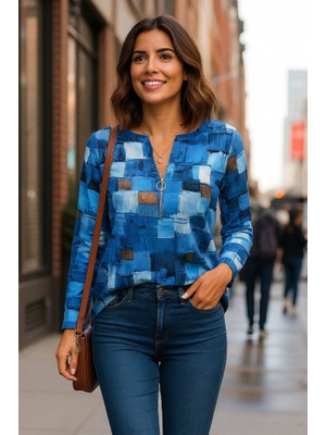 Bosel Kadın Uzun Kollu Yakadan Fermuarlı Kot Görünüm Desenli Uzun Modal Bluz