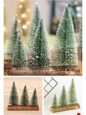 Empressco Yeşil Mini Çam Ağaçları 3'lü Set, Kütük Üzerinde Yılbaşı Dekoru, 16-12-10 cm