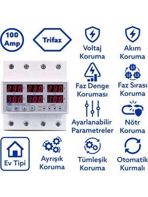 Tomzn Ayrışık Voltaj ve Akım Koruma Rölesi Gerilim Koruyucu 100A 3 Fazlı - Ev Tipi Trifaz