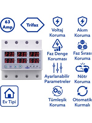Tomzn Trifaz Gerilim ve Akım Koruma Rölesi Yüksek Alçak Voltaj Koruyucu Röle 63A 3 Fazlı - Ev Tipi