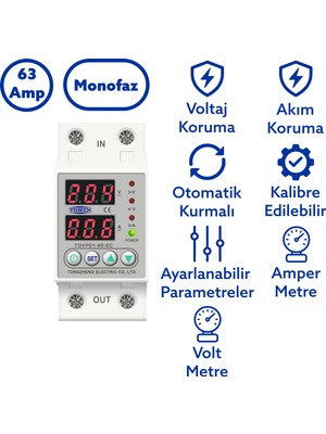Tomzn Voltaj ve Akım Koruma Rölesi Yüksek Alçak Gerilim Akım Koruyucu 63A Elektrik Bekçisi