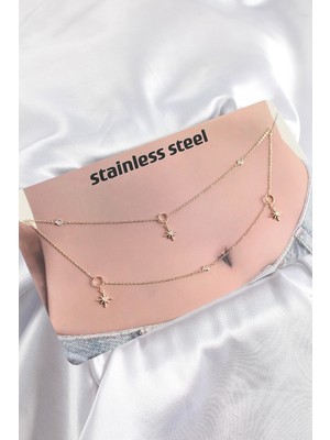 İsmiyle Al 316L Çelik Zirkon Taşlı Kutup Yıldızı Model Gold Renk Göbek Bel Zinciri