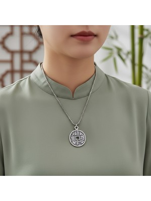 Alooya Koruma - Feng Shui Çin Şans Parası Gümüş Kaplama Örme Zincir Kolye
