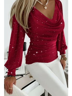 Mossta Degaje Yaka Taşlı Sandy Bluz - Kırmızı