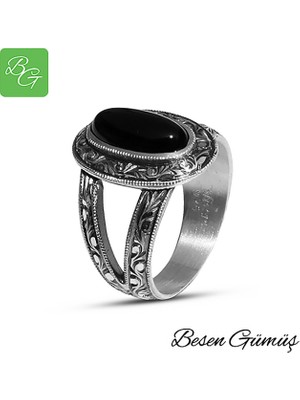 Besen Gümüş Oltu Taşı Oval Erzurum El Kalem İşi Erkek Yüzük