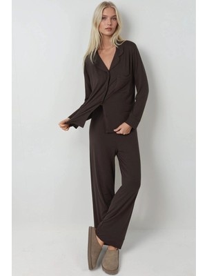 Hiccup Kadın Gömlek Yakalı Düğmeli Uzun Kollu Pijama Takımı Koyu Mocha Kahve
