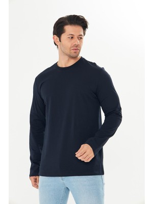 Trendhill Erkek Pamuklu Bisiklet Yaka Uzun Kollu Tişört Lacivert 5020-L
