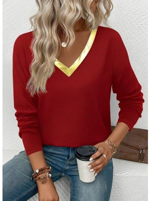 Mareandpanda Kadın Uzun Kollu V Parlak Yaka Detaylı Viskon Bluz