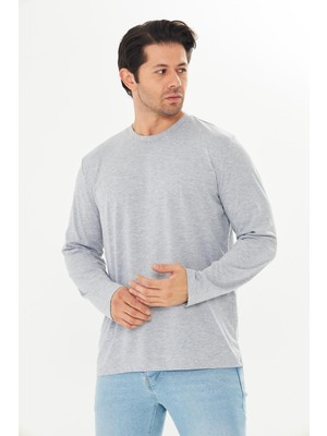 Trendhill Erkek Pamuklu Bisiklet Yaka Uzun Kollu Tişört Gri Melanj 5020-G