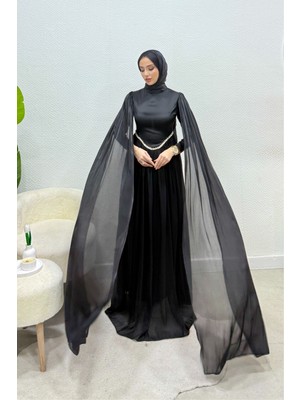 Tesettür Diyarı Nual Pelerinli Taş Işlemeli Tesettür Abiye- Siyah