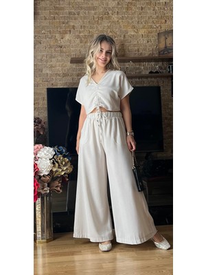 Cardella Kadın Önden Büzgülü Bluz Geniş Paça Yüksek Bel Keten Ikili Takım