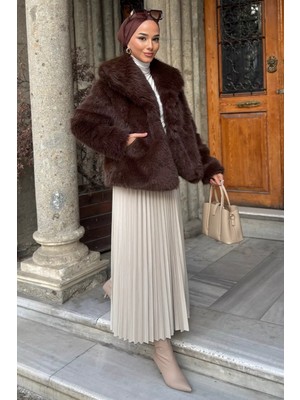 Julude Iç Astarlı Çift Cepli Kürklü Tesettür Mont P-00019456