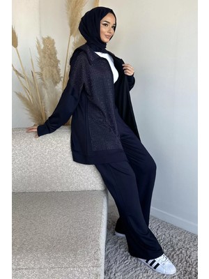 Julude Ön Boydan Fermuarlı Taş Işlemeli Tunik Bel Lastikli Pantolon Tesettür Ikili Takım P-00019392